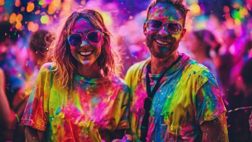 Um casal se divertindo em uma festa de pintura, cobertos da cabeça aos pés com cores neon.