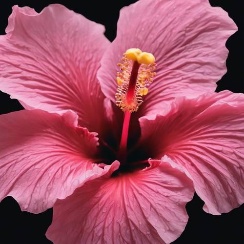 A pink hibiscus isolated against a stark, black background emphasizing its color and structure