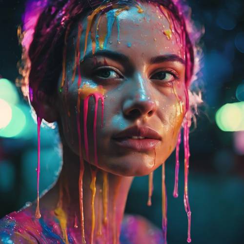 A classic portrait of a woman, but with neon paints dripping down from the top changing its solemnity.