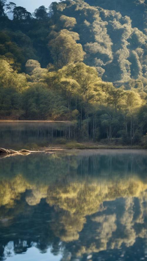 Montanhas Azuis refletidas na superfície serena de um lago espelhado.
