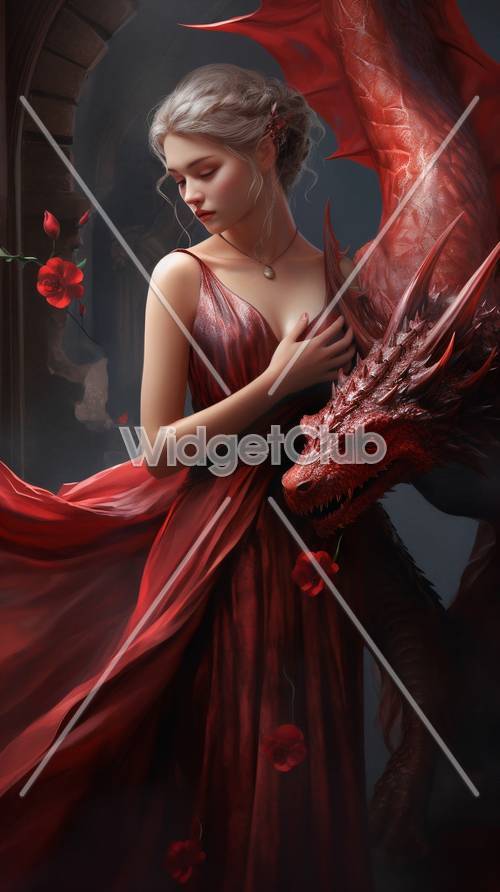 Dragon mystique et dame en robe rouge