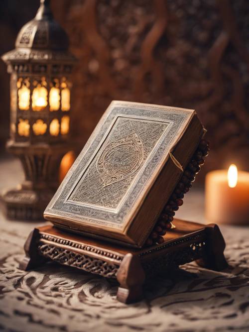 An antique Quran resting on a carved wooden stand with prayer beads during the month of Ramadan.