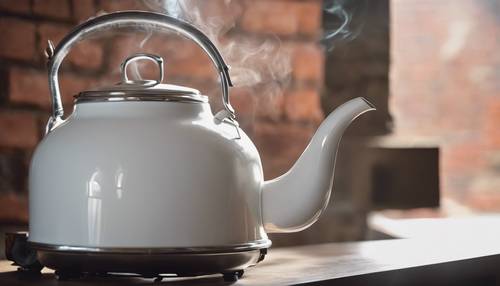 An immaculate white metallic kettle steaming on a brick fireplace. Tapet [a37444456d584907ad0f]
