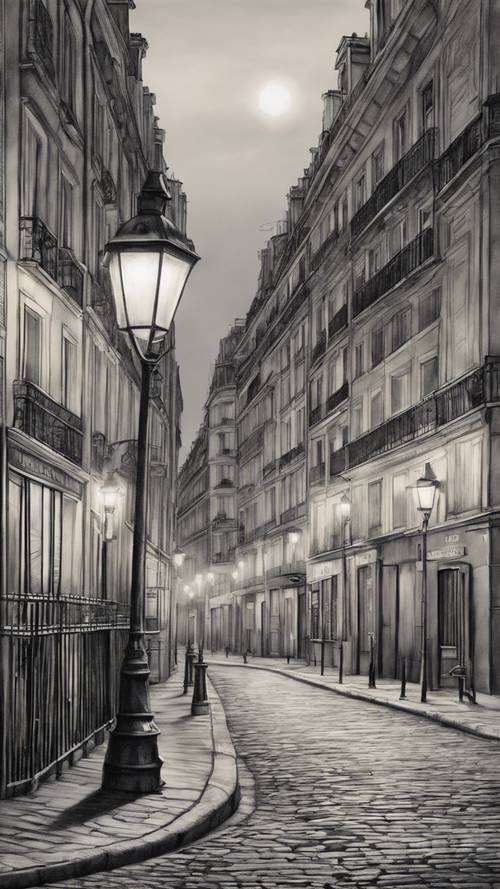 ציור עיפרון מפורט של רחוב בודד בפריז, מואר ברכות בזוהר של פנס רחוב בודד.