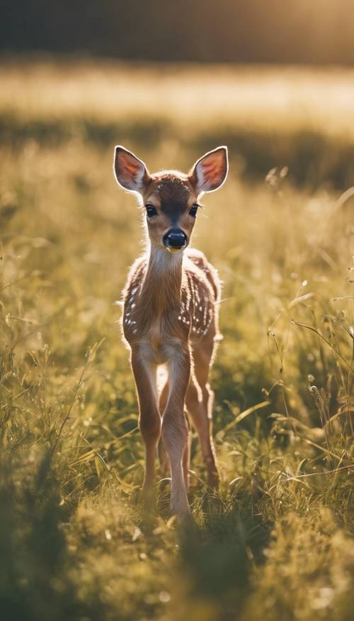 一隻可愛的小鹿在陽光普照的田野裡頑皮地嬉戲。 牆紙 [d39264bdf1fd49139af5]