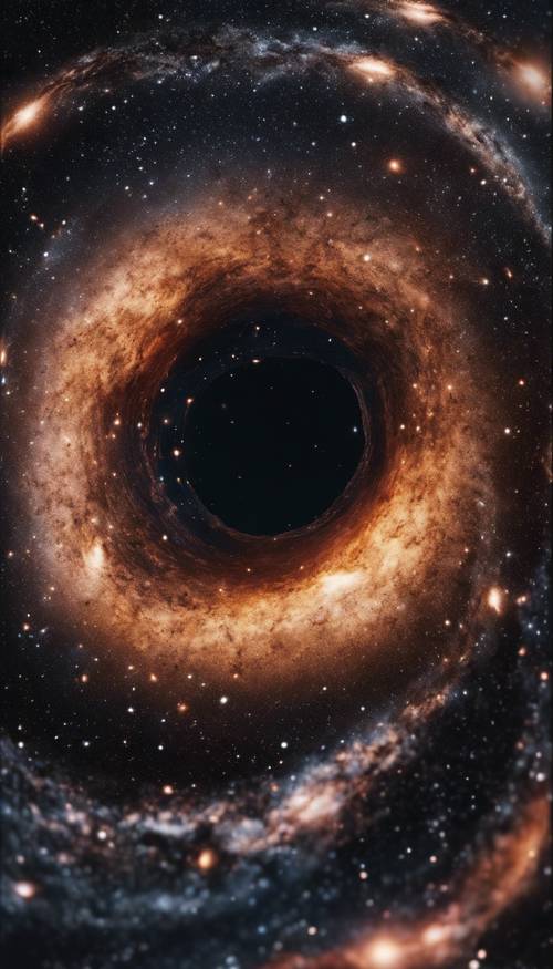 Sebuah lubang hitam dilihat dari jarak aman, memperlihatkan distorsi bintang dan galaksi di belakangnya.