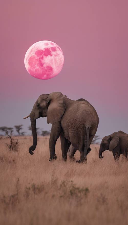 Sekelompok gajah liar berkeliaran di sabana dengan bulan merah muda di cakrawala.