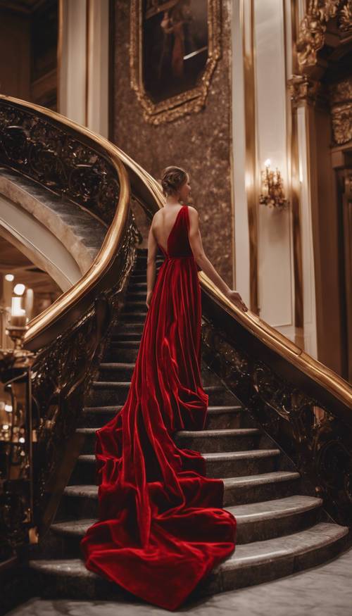 멋진 빨간 벨벳 이브닝 드레스를 입은 우아한 여성이 세련된 연회장에서 거대한 계단을 내려가고 있습니다.