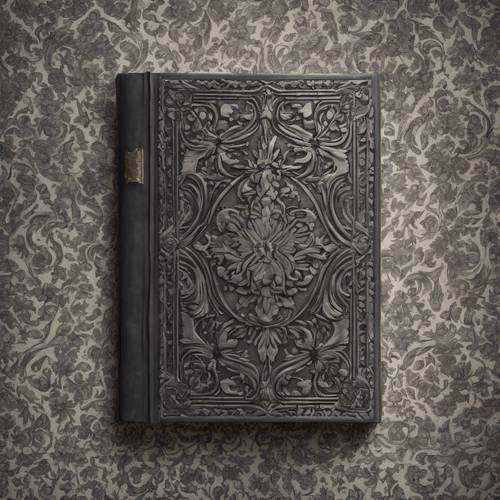 A dark gray damask overlaying an antique journal book cover.