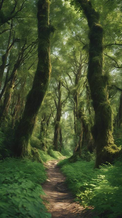 Jalan setapak terjal melewati hutan hijau zamrud, dengan pepohonan tinggi dan kuno yang menjulang tinggi di atasnya.