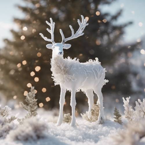 A white, frosty winter wonderland with beige reindeer grazing on the sparse vegetation.