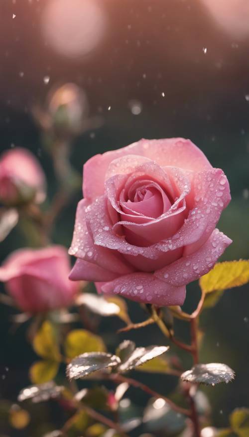 Une rose de velours rose en pleine floraison, scintillante de rosée du matin.