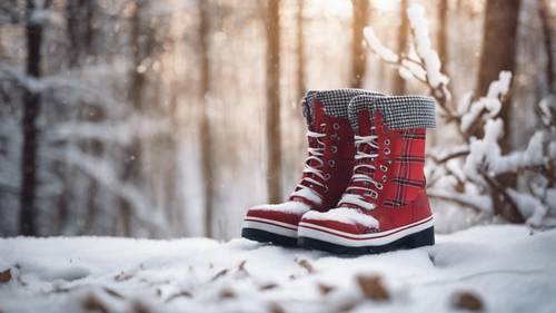A pair of red plaid patterned boots in a snowy backdrop.