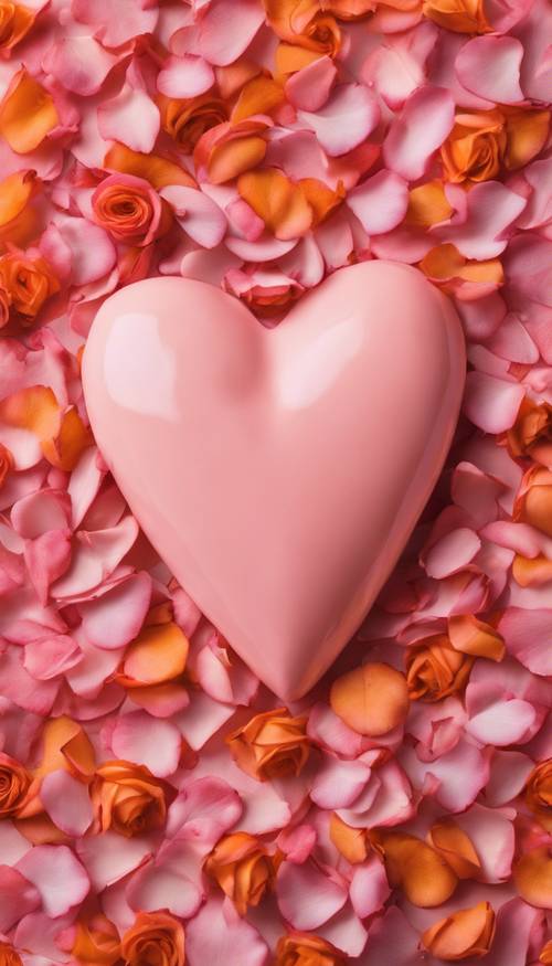 Un corazón naranja vibrante rodeado de suaves pétalos de rosa rosa.