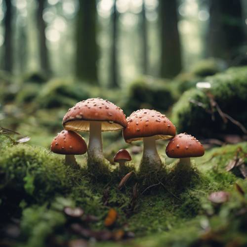 Kelompok jamur lucu membentuk bentuk hati di lantai hutan berlumut.