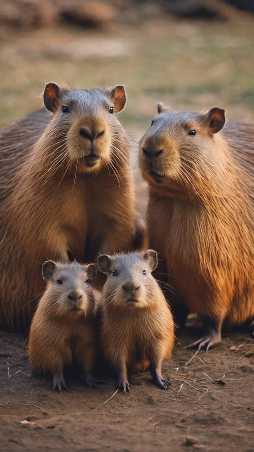 A capybara family huddling together for warmth during a chilly winter evening.