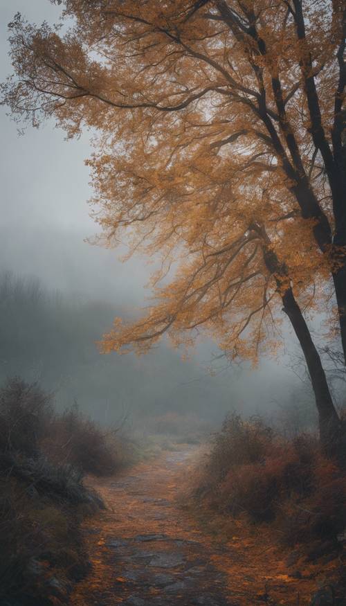 A moody image of a gray dawn breaking over a misty landscape sprinkled with the colors of fall.