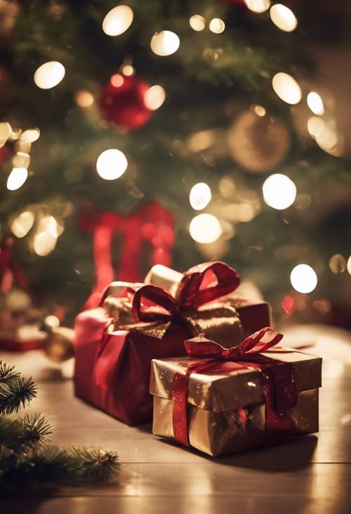 A closeup of beautifully wrapped presents sitting under a festive Christmas tree with soft, warm lights. Tapet [1c476d90c3b14167b43b]
