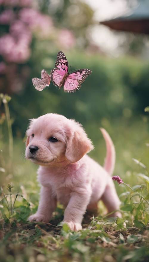Um cachorrinho rosa ativo brincando energicamente com uma borboleta no quintal.