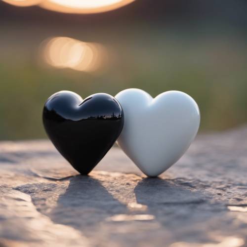 Một trái tim trắng vào lúc bình minh và một trái tim đen vào lúc hoàng hôn, thể hiện sự chuyển tiếp của thời gian.