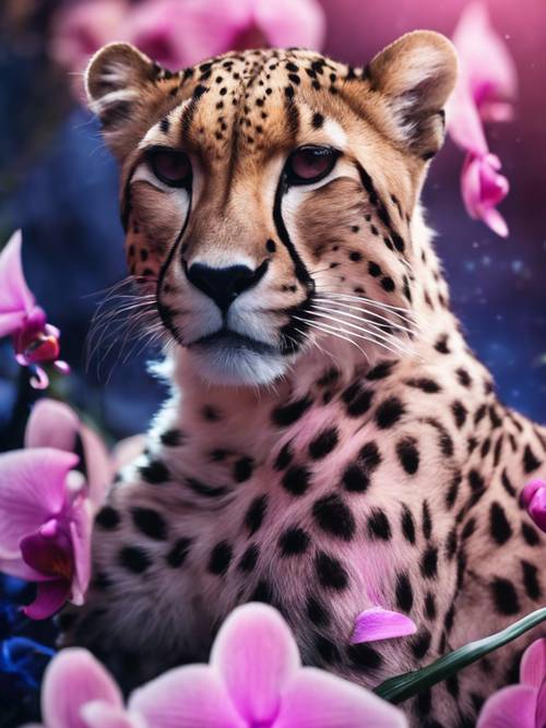 Un ghepardo rosa che riposa languidamente in mezzo a una fioritura di orchidee blu notte, sotto un cielo stellato.