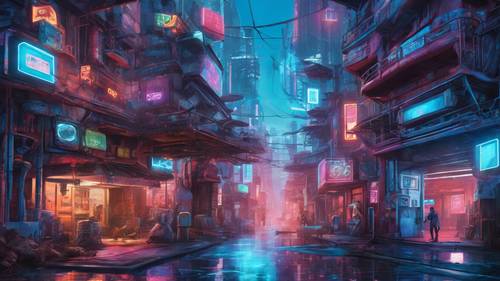 ネオンブルーのビデオゲーム世界の中に広がる幻想的な街並み