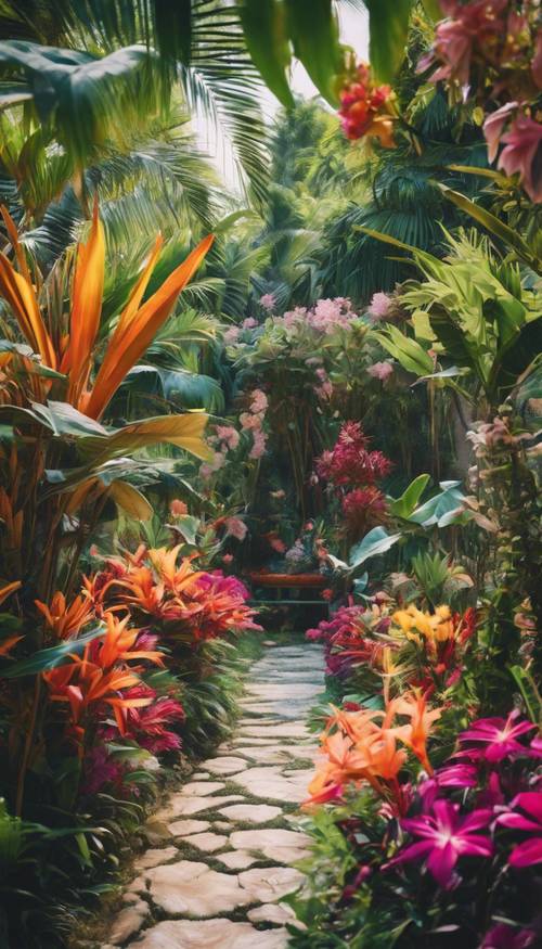 Um jardim tropical vibrante em plena floração com uma variedade de flores exuberantes e coloridas.