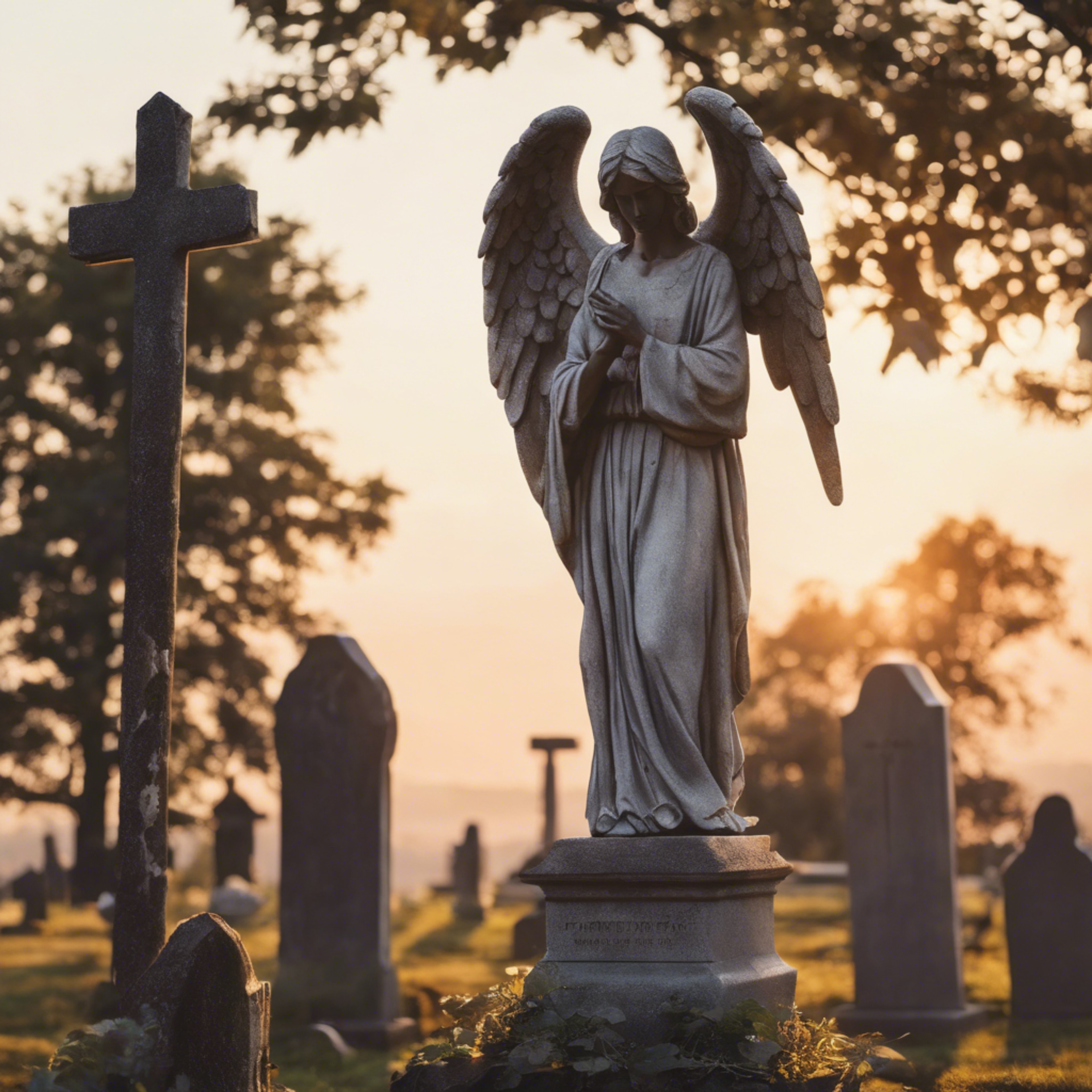 A peaceful graveyard scene with a stone angel statue guarding over the resting place under a serene sunset. Wallpaper[5f1d382335d645bc8b2f]