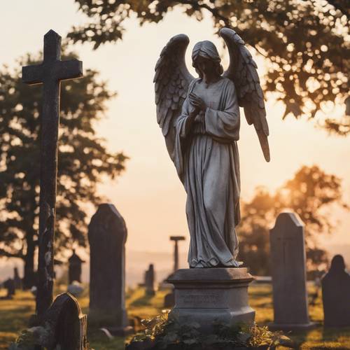 Uma cena pacífica de cemitério com uma estátua de anjo de pedra guardando o local de descanso sob um pôr do sol sereno.