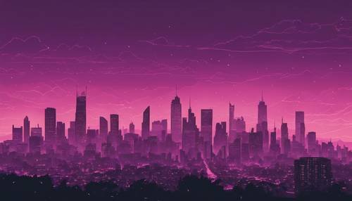 Uno splendido skyline della città al tramonto con tutti gli edifici delineati in netto nero contro un cielo rosa-viola mozzafiato.
