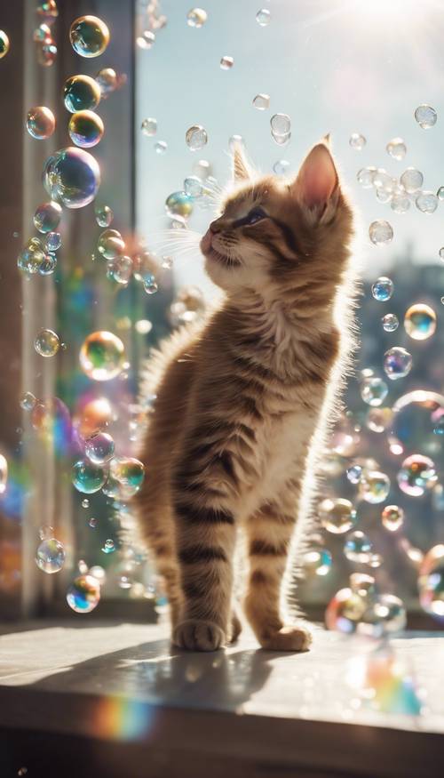 Un gattino giocoso che scalpita le bolle in una stanza luminosa piena di bolle galleggianti color arcobaleno, con la luce del sole che filtra da una finestra aperta.