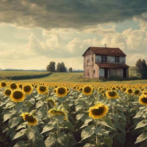 Sonnenblumen im Vordergrund eines gealterten, klassischen Landschaftsgemäldes.