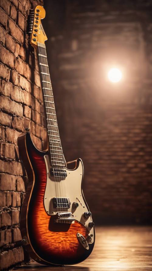 Une guitare électrique vintage appuyée contre un mur de briques avec un projecteur qui brille dessus.