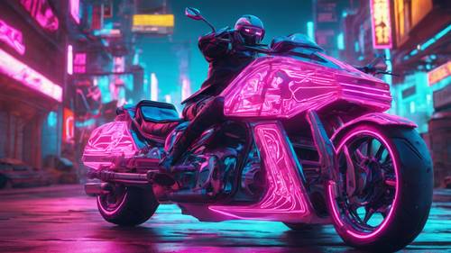 A futuristic cyberpunk motorcycle painted in pink and blue cruising on a neon-lit street.