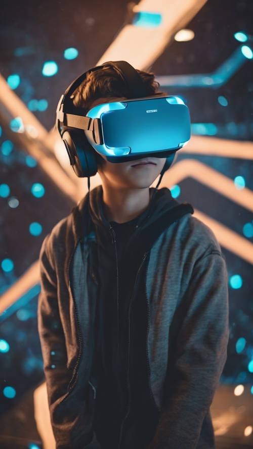 A teen boy wearing a virtual reality headset in his futuristic room.