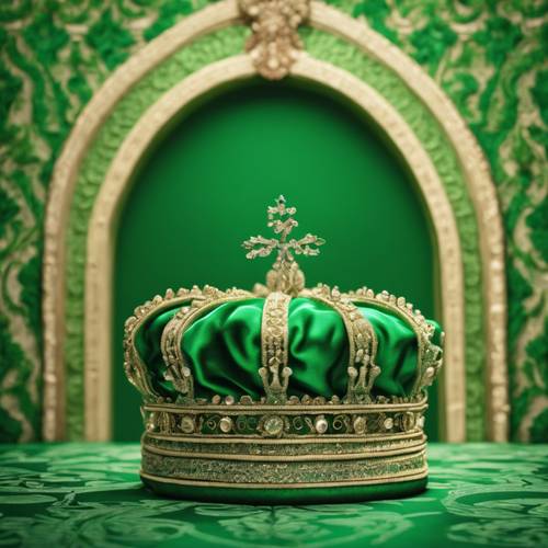 Una corona real impresa sobre un fondo de damasco verde intenso.