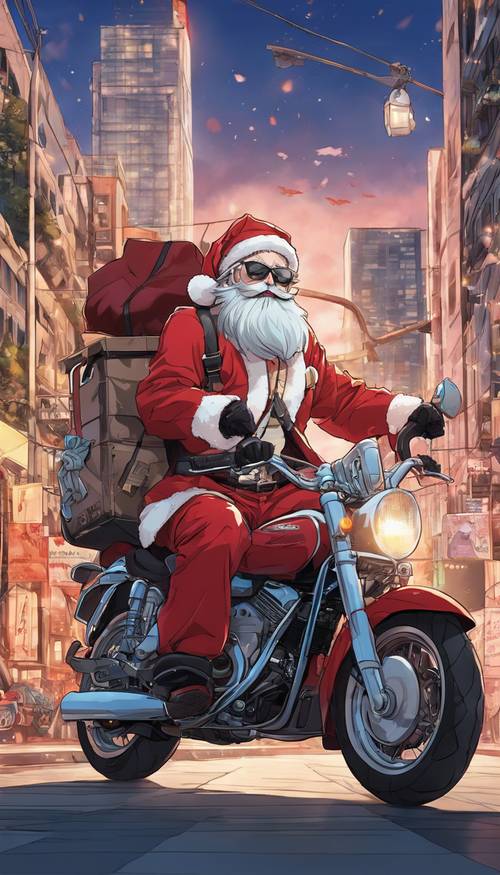 Imagen de estilo anime de un elegante Papá Noel en una motocicleta repartiendo regalos por una ciudad de estilo americano.