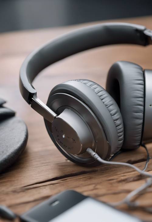 Sleek, modern headphones with a gray matte finish, lying on a wooden desk.