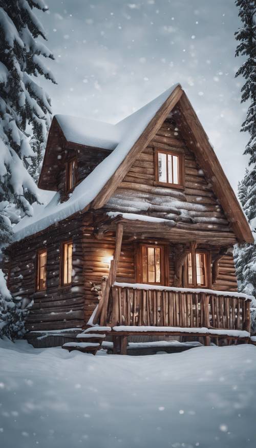 A rustic wooden cabin tucked away under a heavy blanket of snow. Behang [571c309b750640d7ba7f]