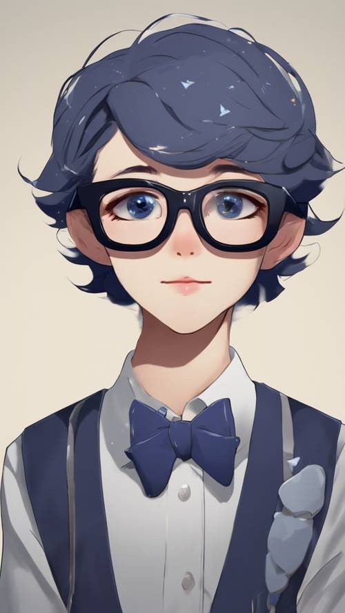 Um personagem kawaii usando óculos grandes azuis escuros e uma gravata borboleta combinando
