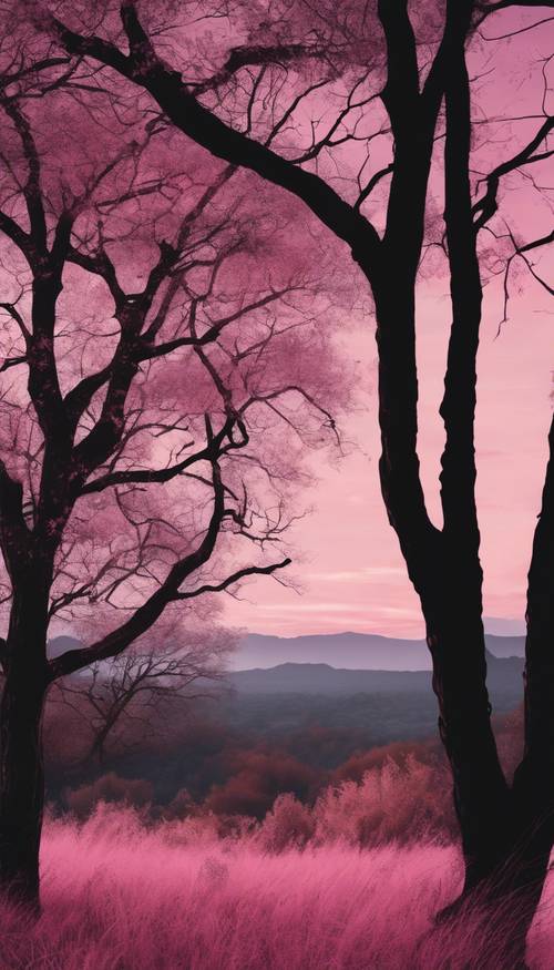 A landscape at dusk where the sky is painted in shades of pink and black, with shadowy trees in the foreground.