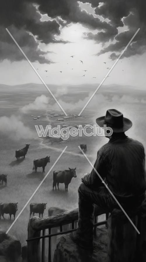 Cowboy com vista para uma cena rural enfumaçada