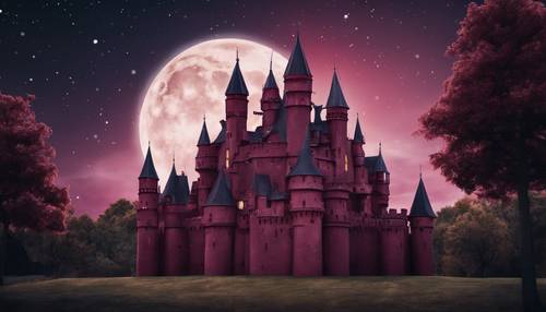A majestic maroon castle with a moonlit night as background.