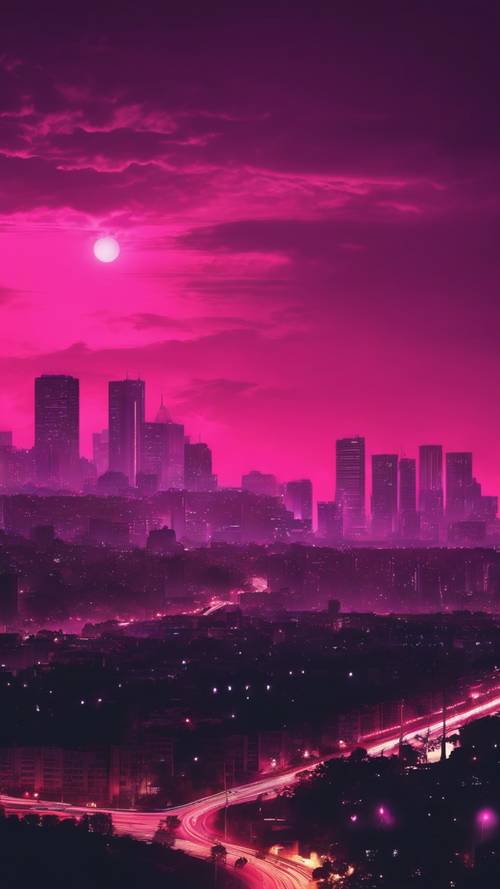 깊은 황혼의 하늘을 배경으로 눈에 띄는 네온 어두운 분홍색 도시 스카이라인의 실루엣이 보입니다.