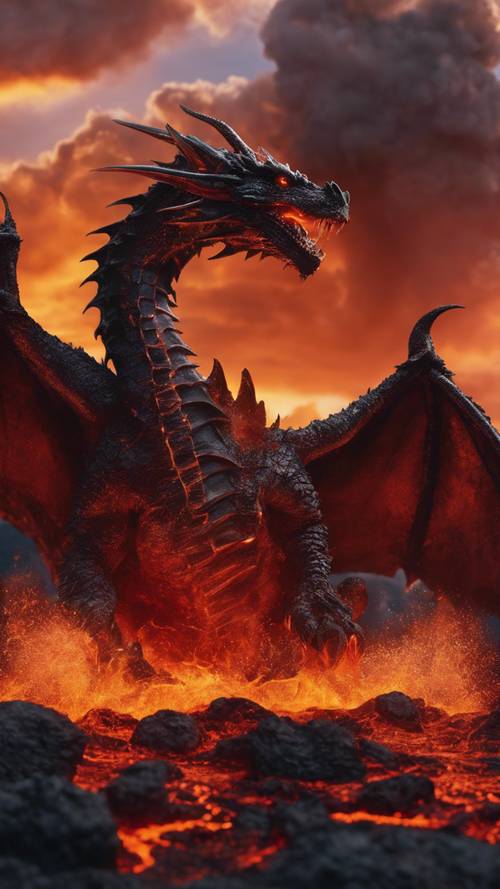 Un dragón hecho de lava fundida que vuela sobre un volcán, provocando que la lava entre en erupción y el cielo brille de calor.