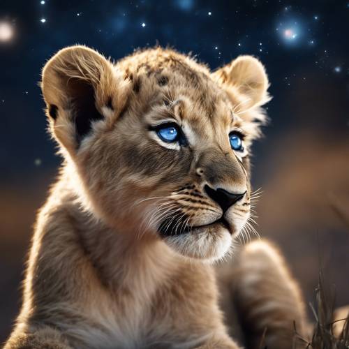 Odważne, opalone lwiątko o niebieskich oczach eksploruje krańce terytorium swojej stada pod szafirowym nocnym niebem.