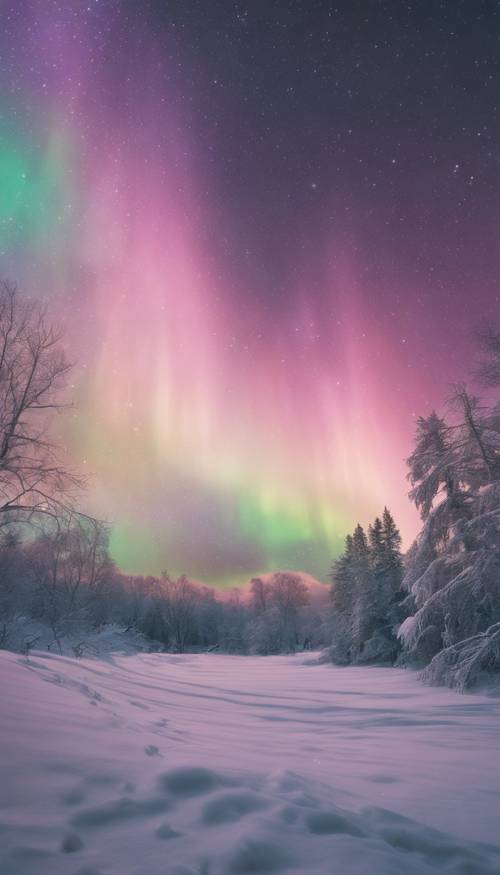 A pastel aurora borealis lighting up the night sky over a snowy landscape. Tapeta [be80352bdfec4bcdb17f]