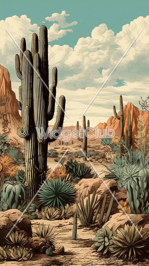 Desert Cactus Scene with Blue Sky and Clouds