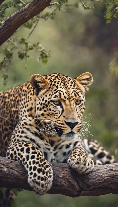 Un maestoso leopardo sdraiato sul ramo di un albero nella savana.