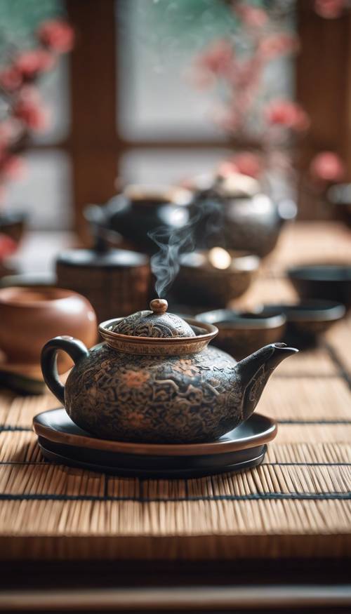 Ozdobny wzór japońskiej ceremonii parzenia herbaty w ruchu.